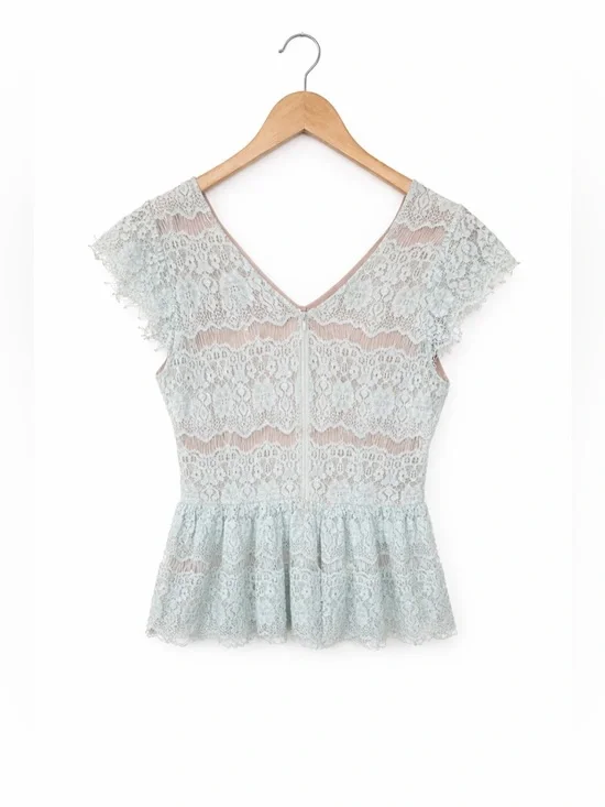 Anthropologie Maeve Mint Lace Peplum Top Size Large Cottagecore Romantic - Picture 2 of 6